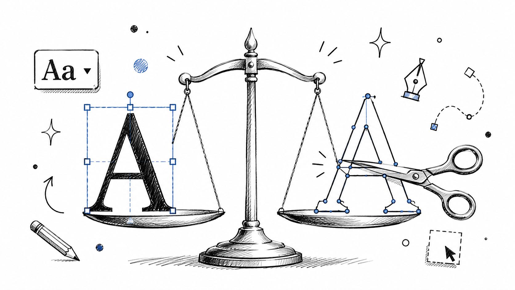 A hand-drawn illustration showing a scale balancing a typography character against a vector path being edited.