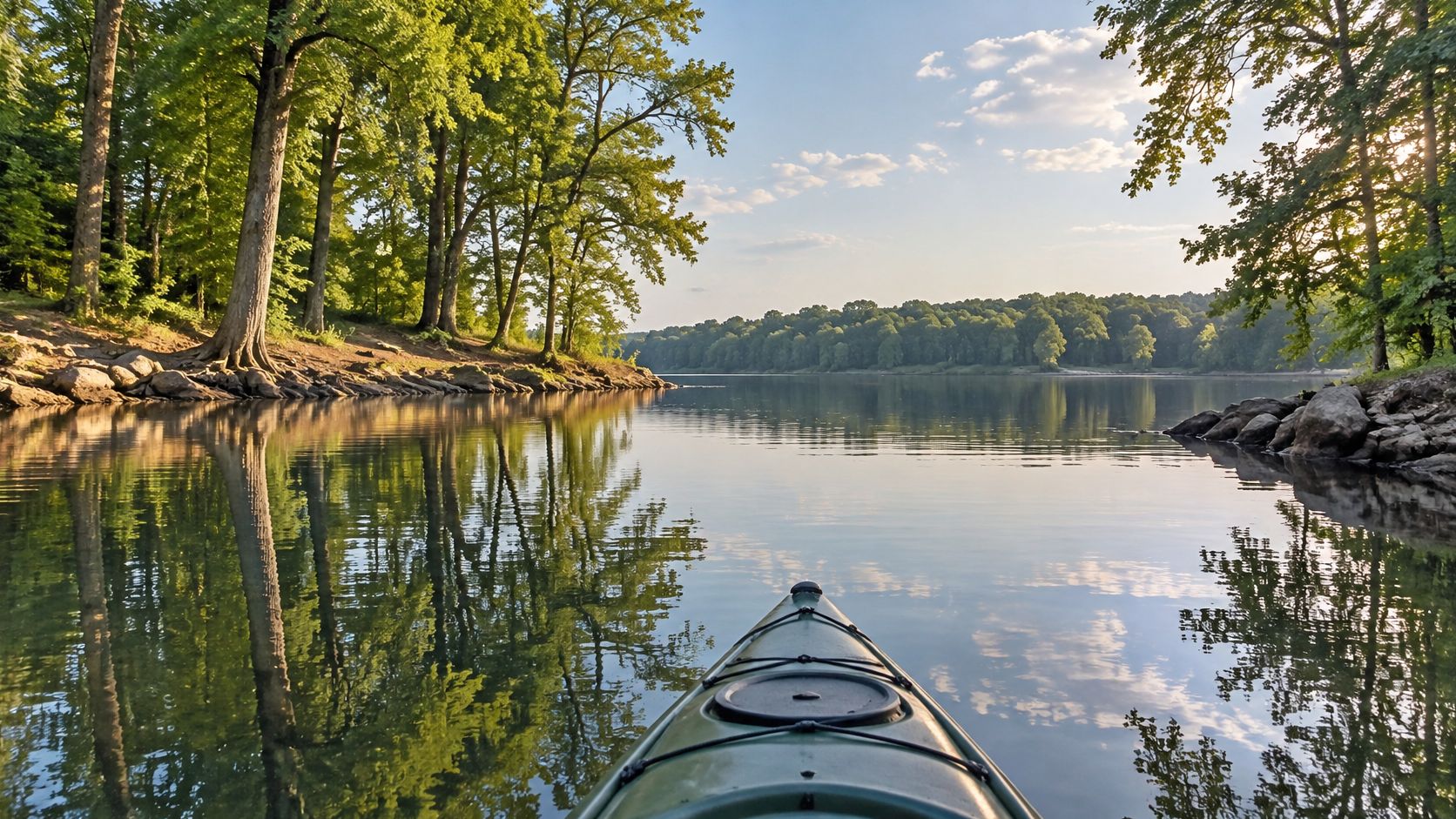 A view from the bow of a kayak on a calm, scenic lake surrounded by lush green trees.