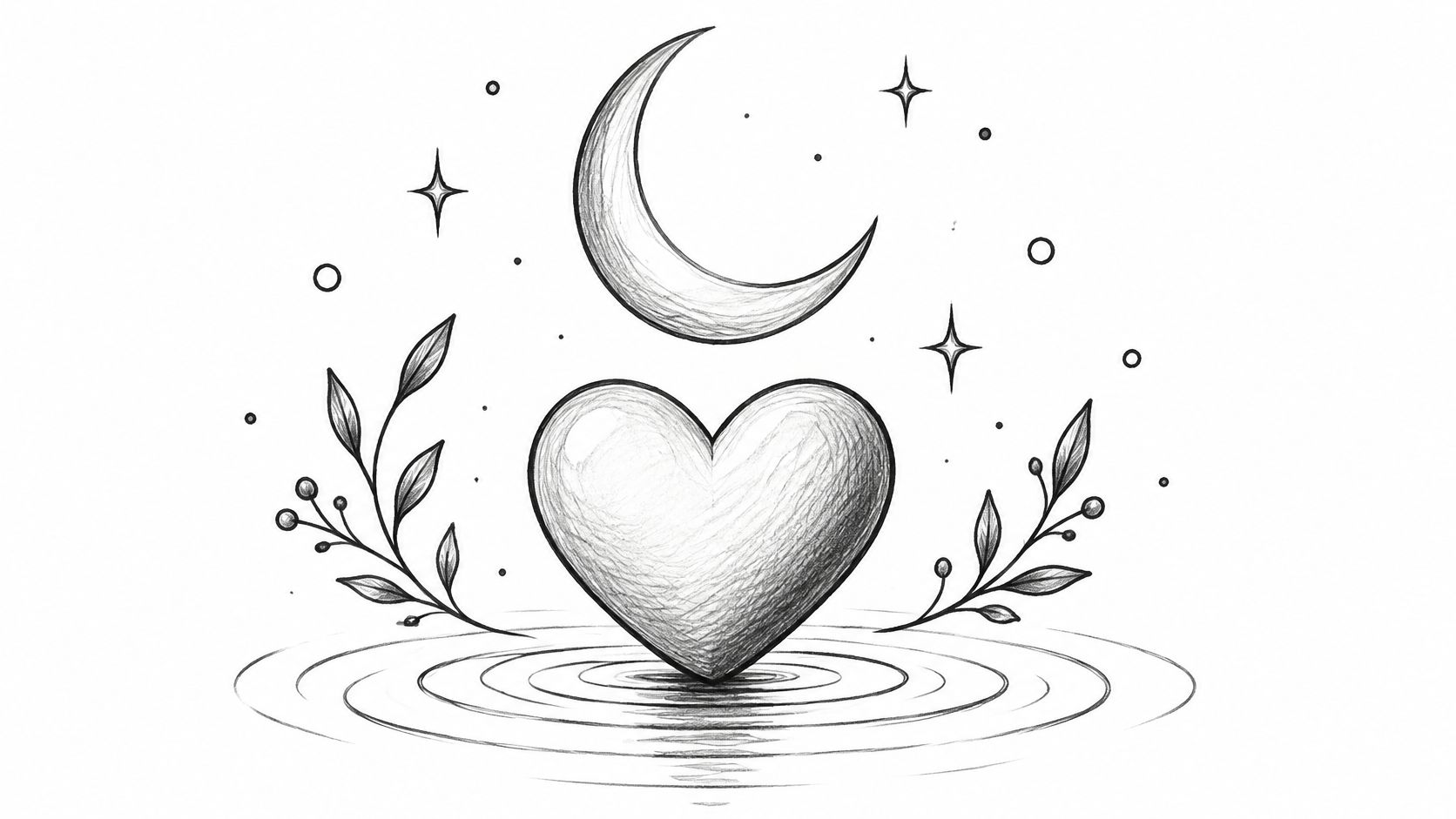 A pencil sketch of a heart resting on water ripples under a crescent moon and stars.
