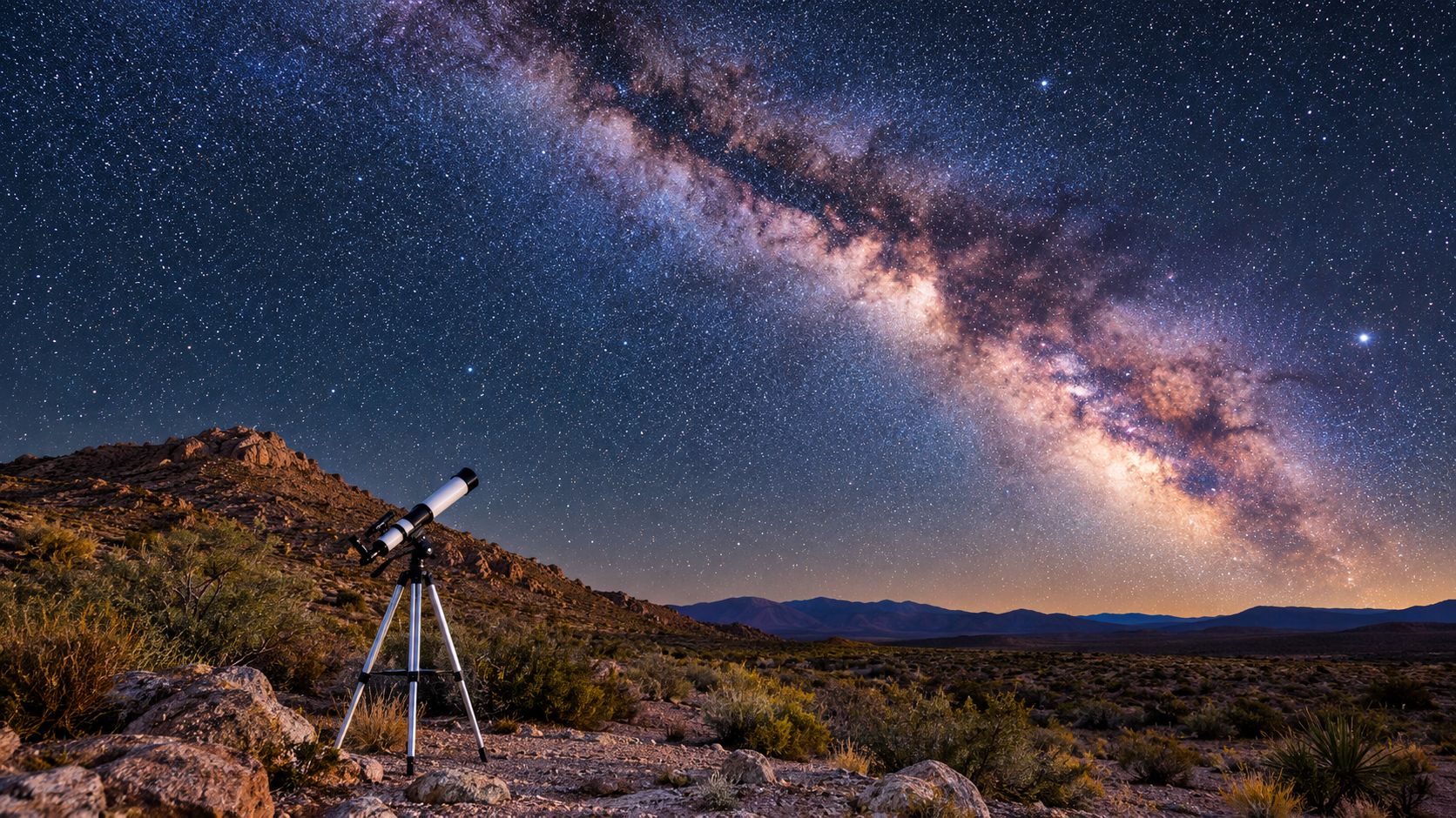 A telescope set up on a desert landscape under a brilliant, star-filled Milky Way galaxy sky.
