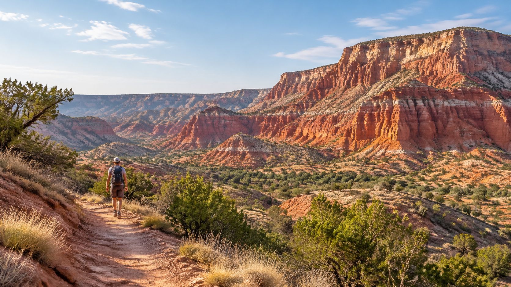 A hiker walks along a scenic dirt path overlooking the dramatic red canyon landscape of Palo Duro Canyon.