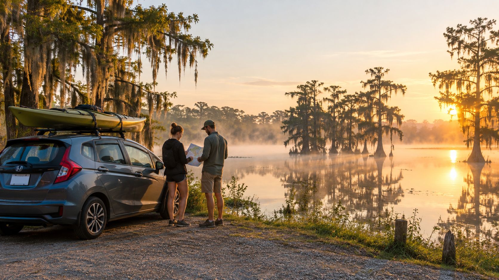 A couple looks at a map near their car and kayak by Caddo Lake at sunrise.