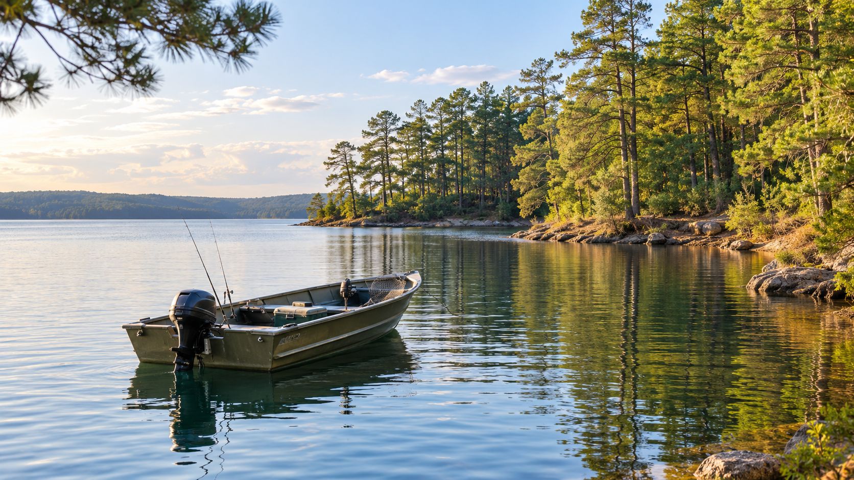 A small aluminum fishing boat floats peacefully on a calm, scenic lake surrounded by pine forests.