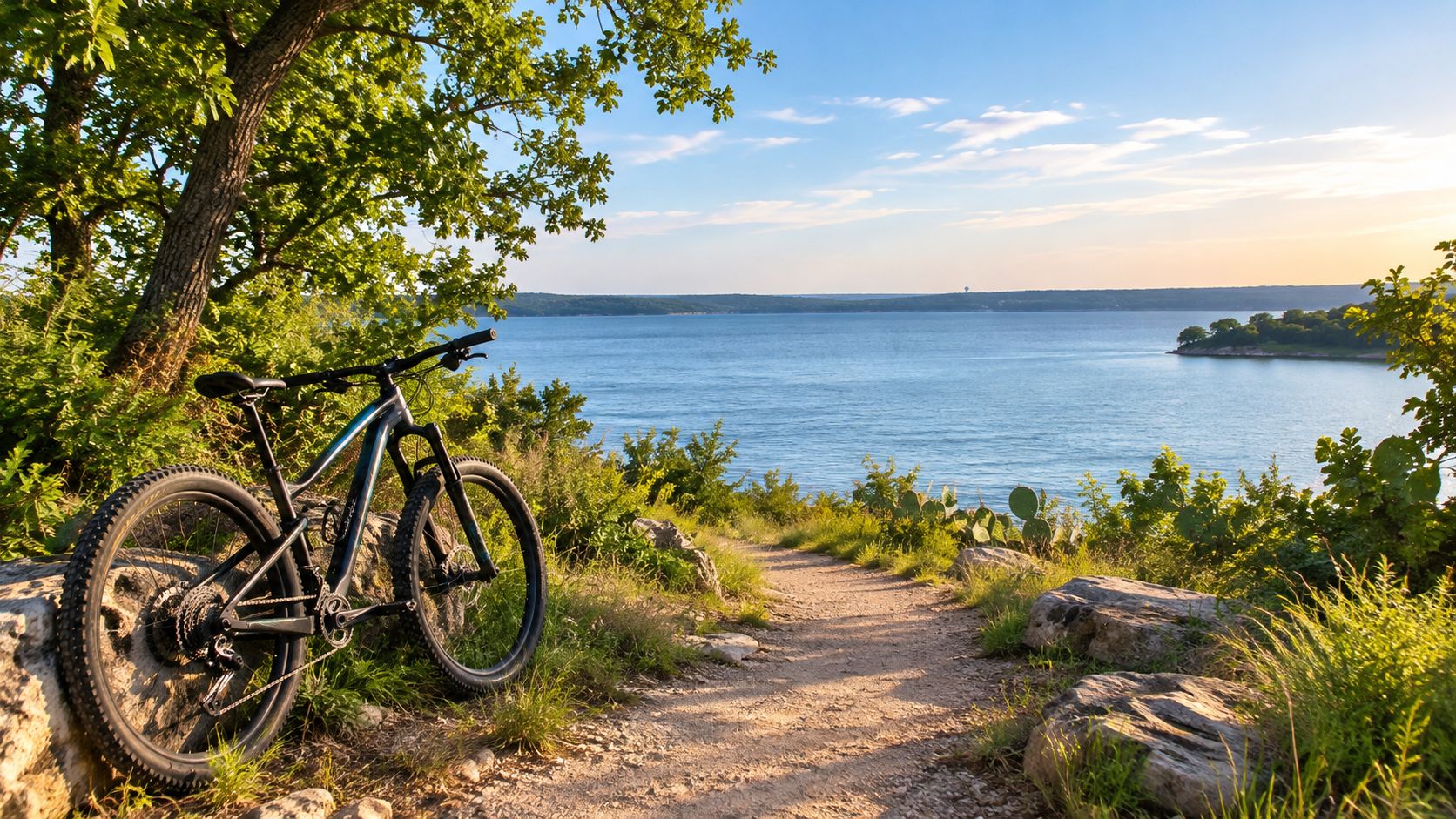 A mountain bike rests on a scenic trail overlooking a lake at a Texas state park.