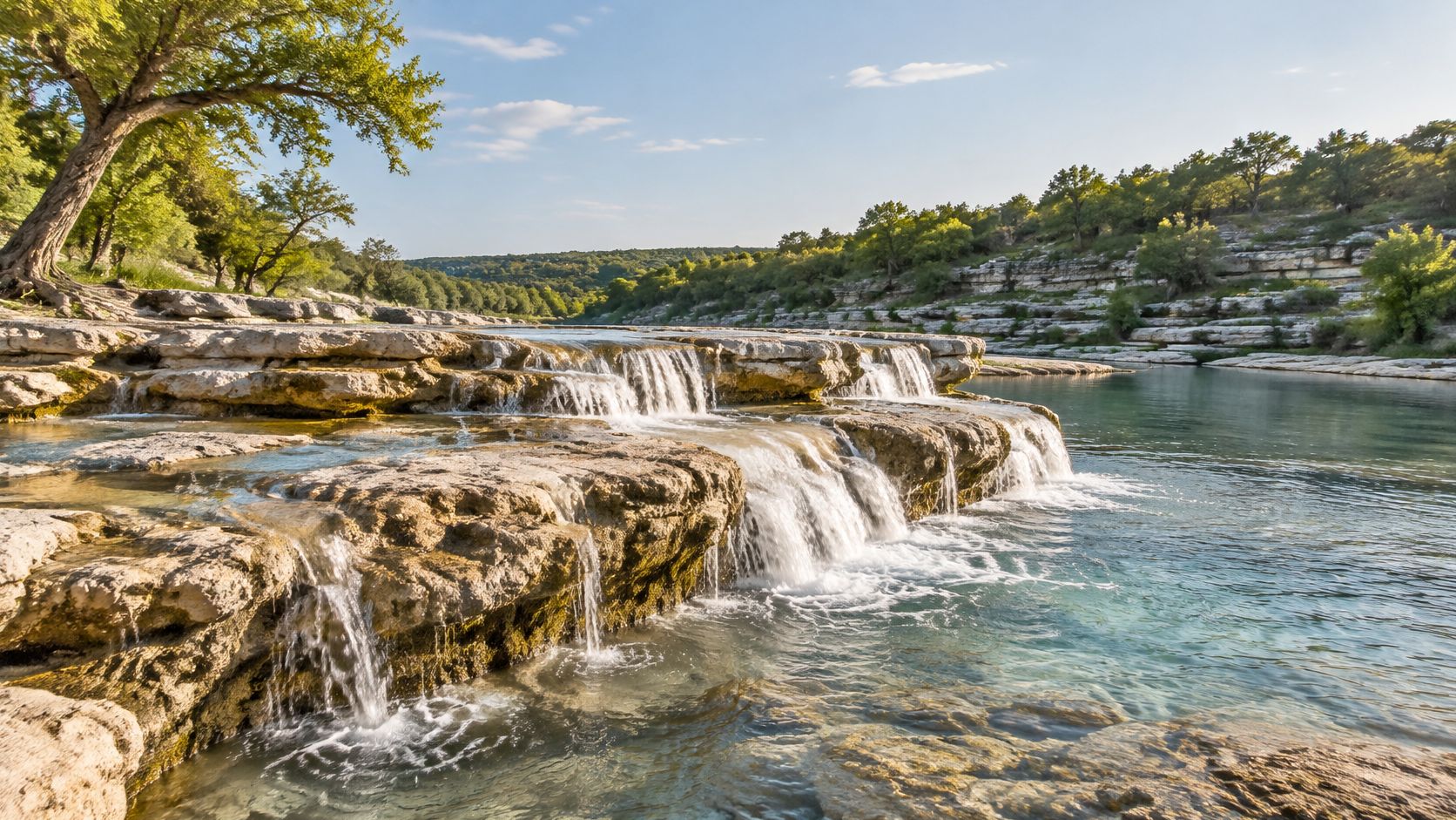 Water cascading across exposed limestone ledges.