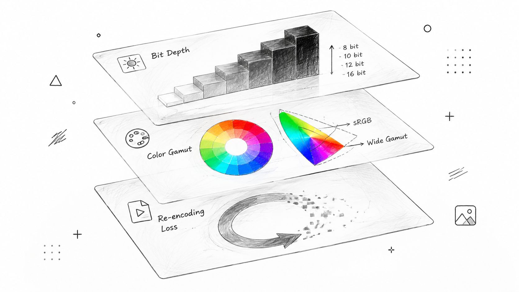 A digital illustration showing the three main factors affecting image quality: bit depth, color gamut, and re-encoding loss.