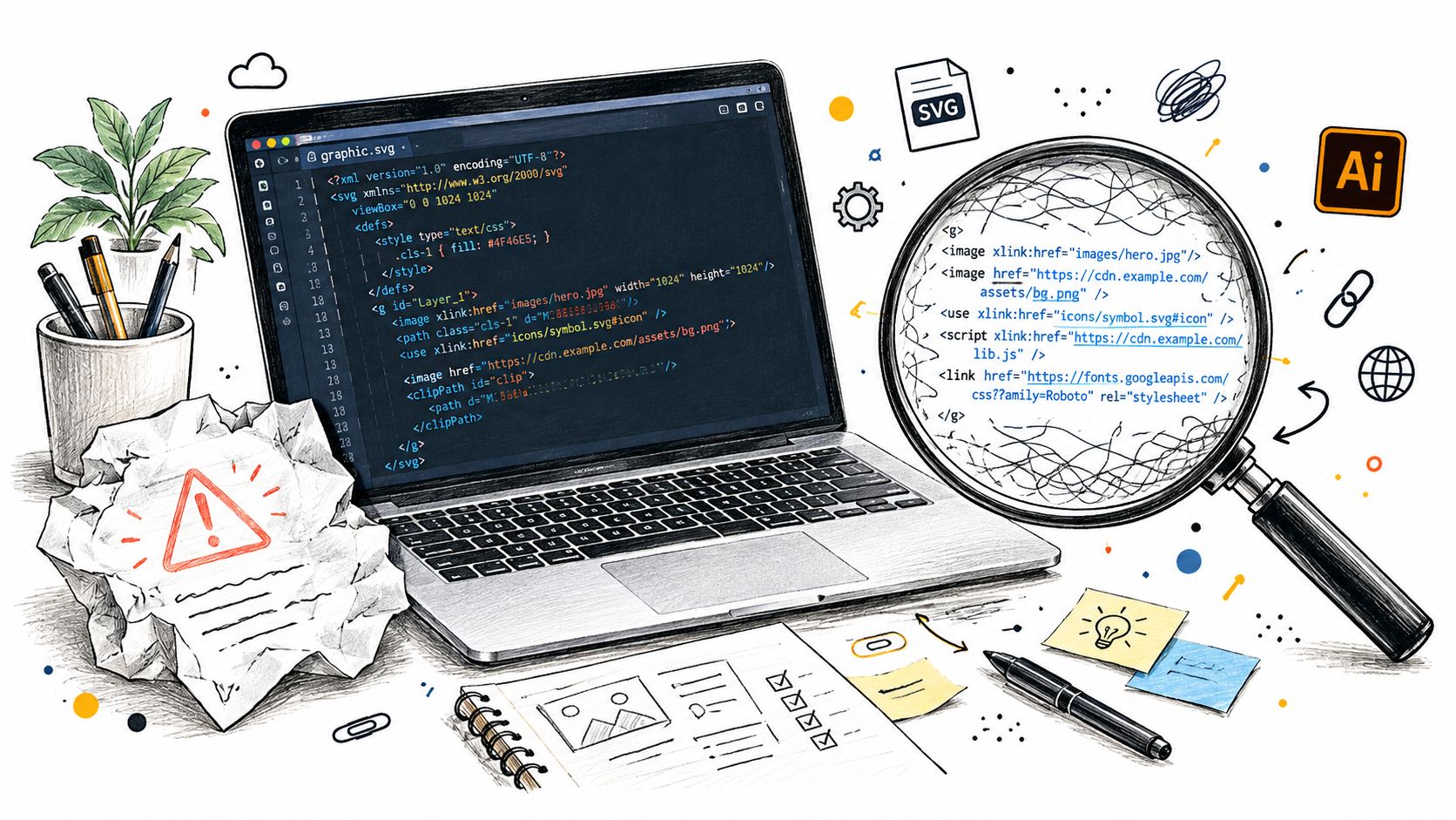 A laptop displaying SVG code next to a magnifying glass revealing web development sketches on a desk.