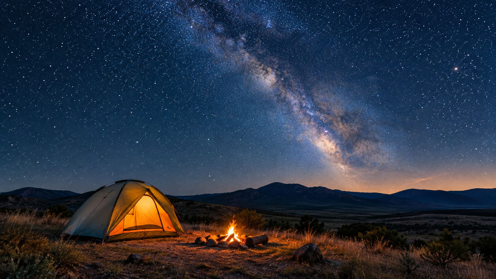 A yellow camping tent illuminated by a warm fire under a vast, starry night sky landscape.