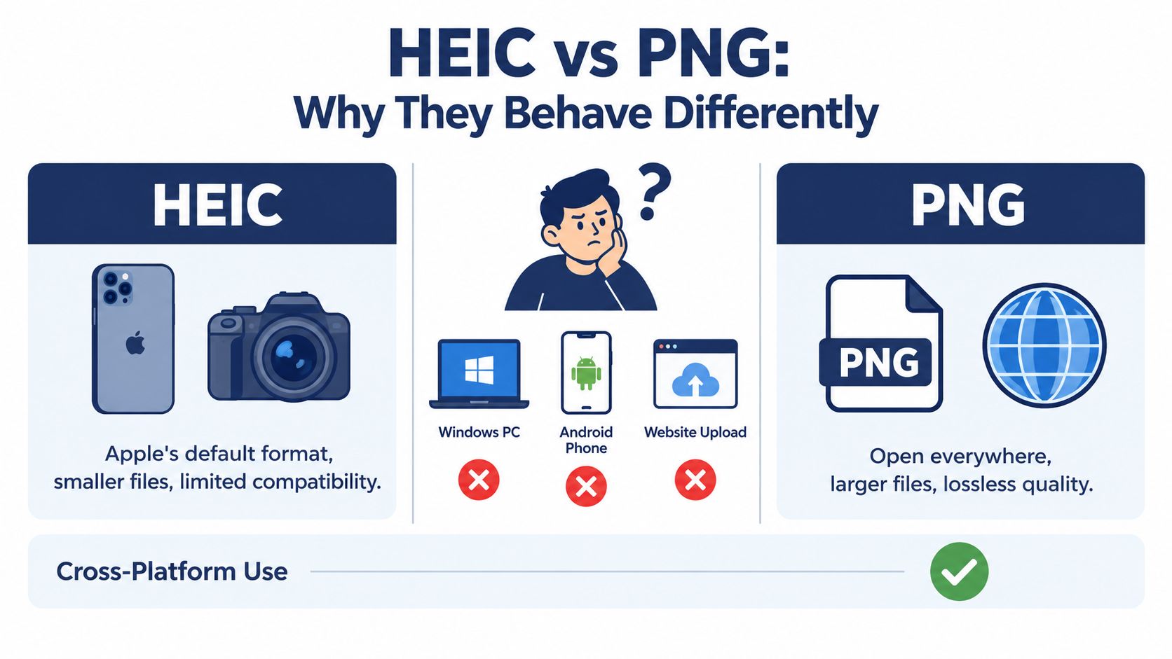 An infographic comparing HEIC and PNG image formats regarding file size, compatibility, and cross-platform usage benefits.