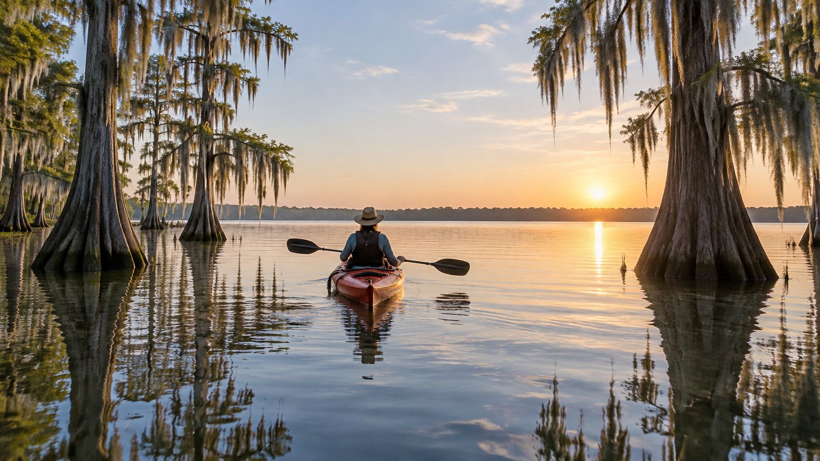 A person in a hat kayaking on a peaceful lake during a scenic orange sunset at dusk.