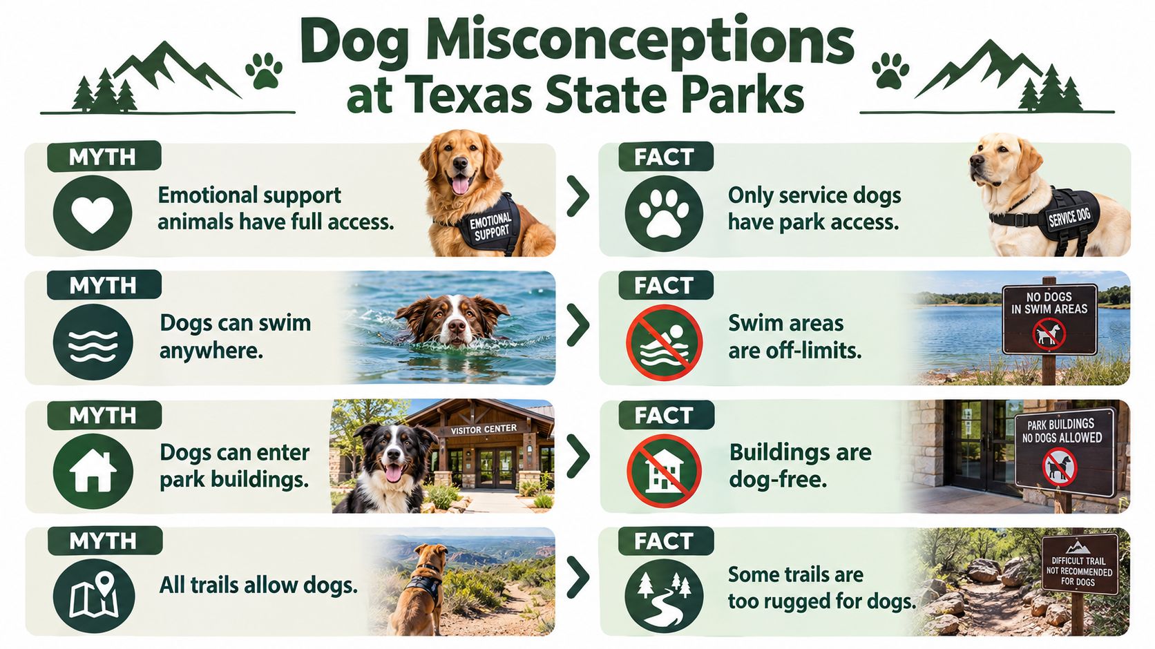 An infographic titled Dog Misconceptions at Texas State Parks listing rules about service animals, swimming, and trails.