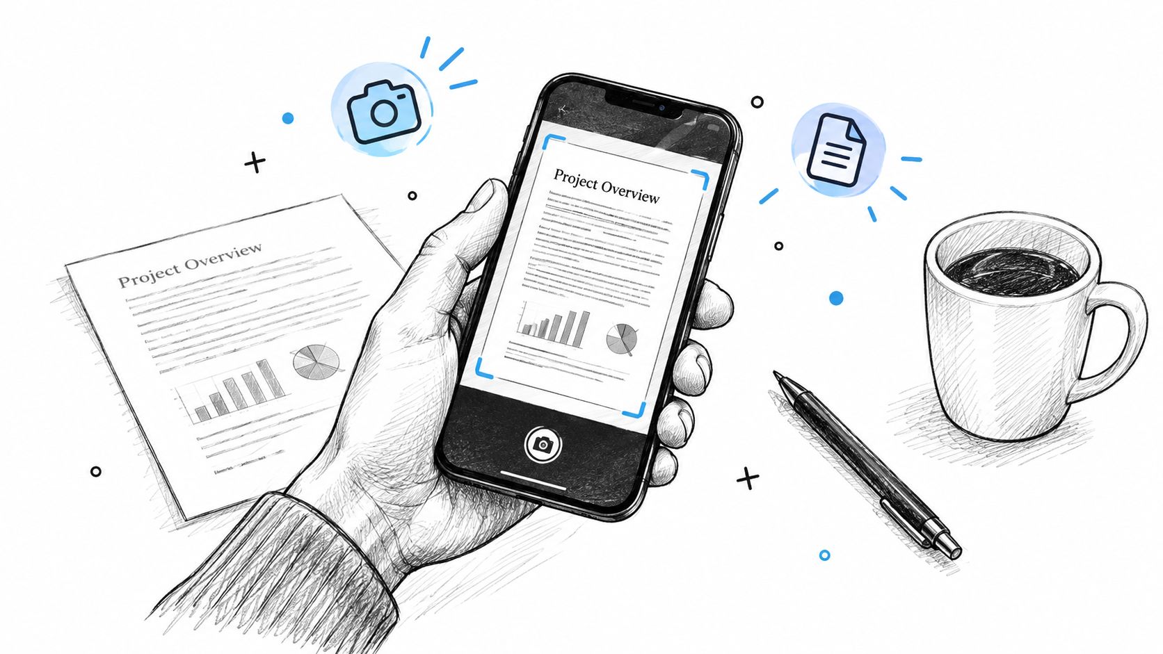 A hand holding a smartphone capturing a digital scan of a document with charts and text.