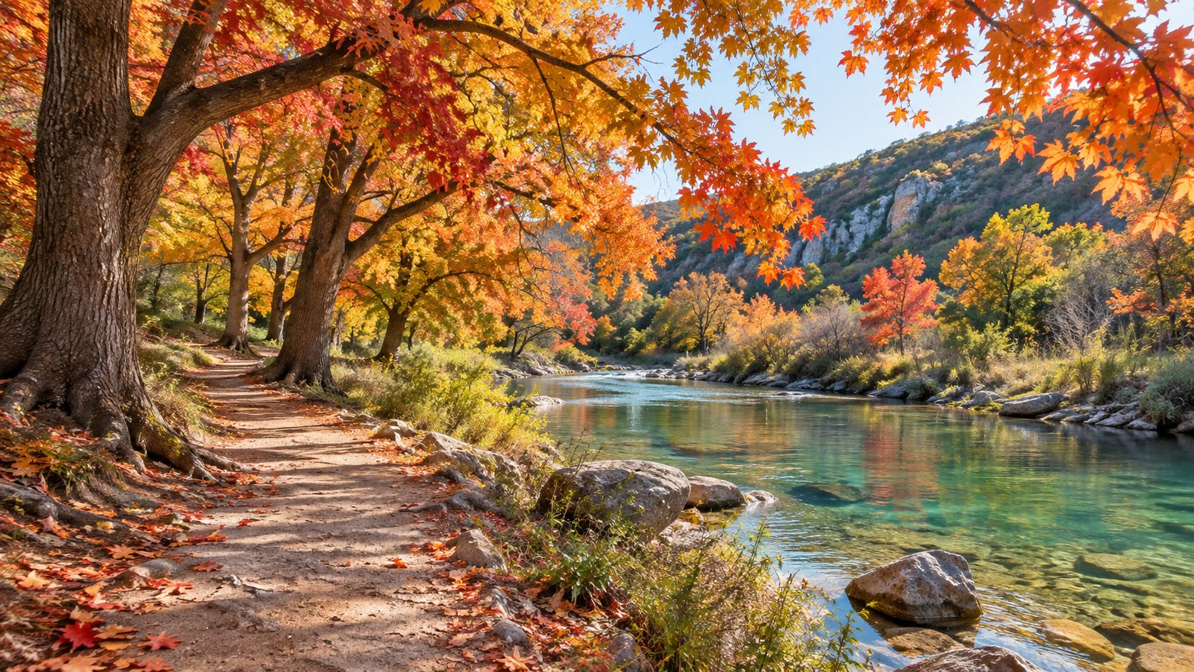 A scenic path along a calm river surrounded by vibrant autumn trees and rocky terrain in Texas.