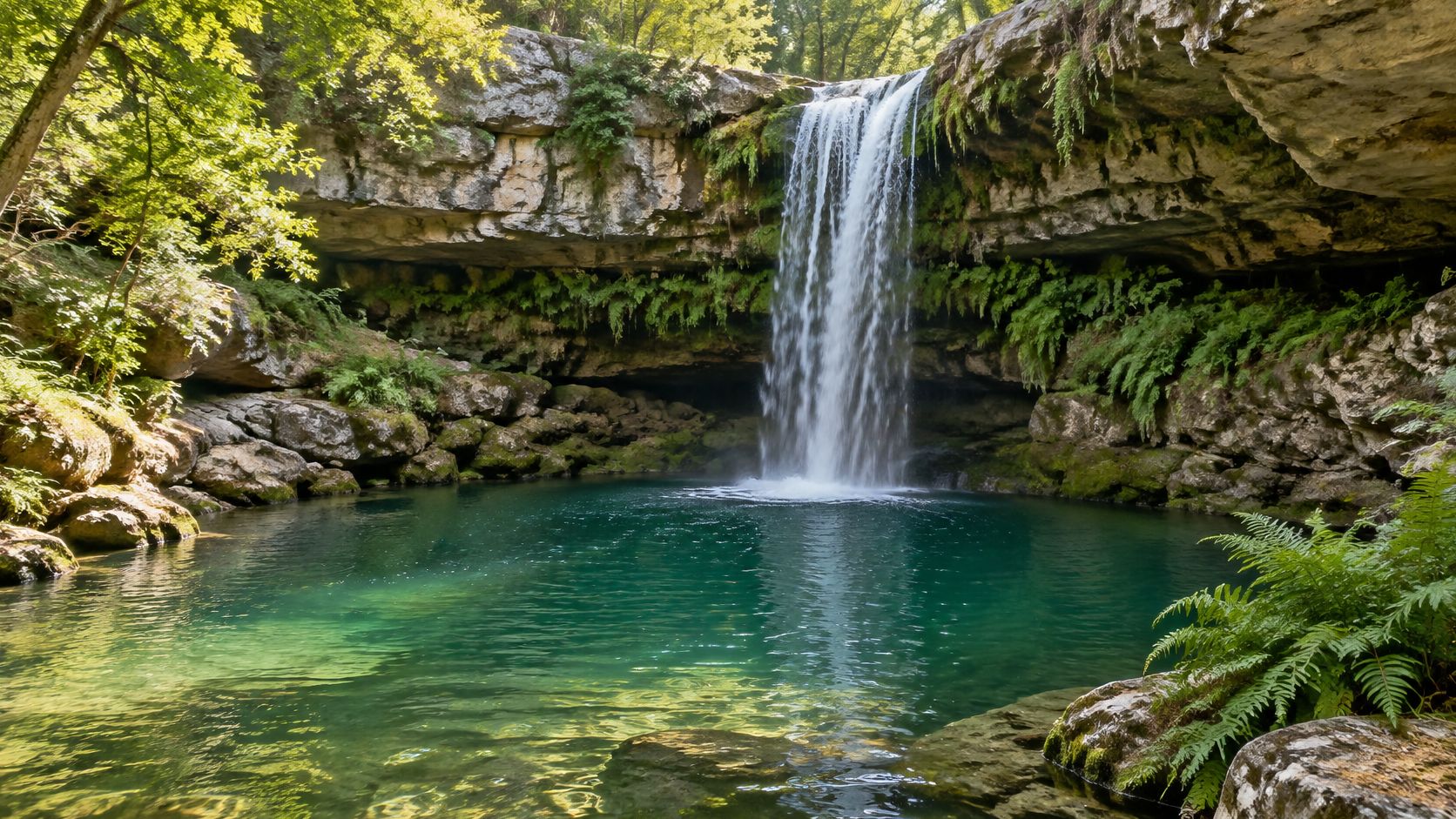 A waterfall beneath a rocky overhang surrounded by greenery.
