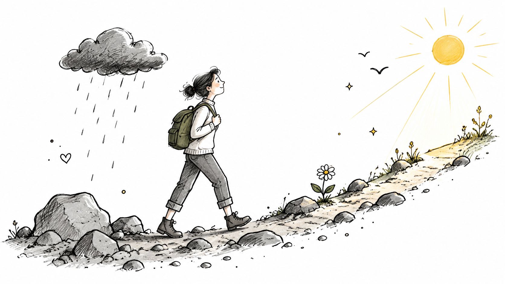 A woman with a backpack walking uphill away from a rain cloud toward the bright sun.