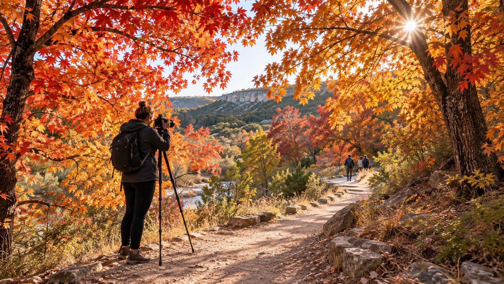 A female photographer captures the vibrant fall foliage on a sunny day at Lost Maples State Natural Area.