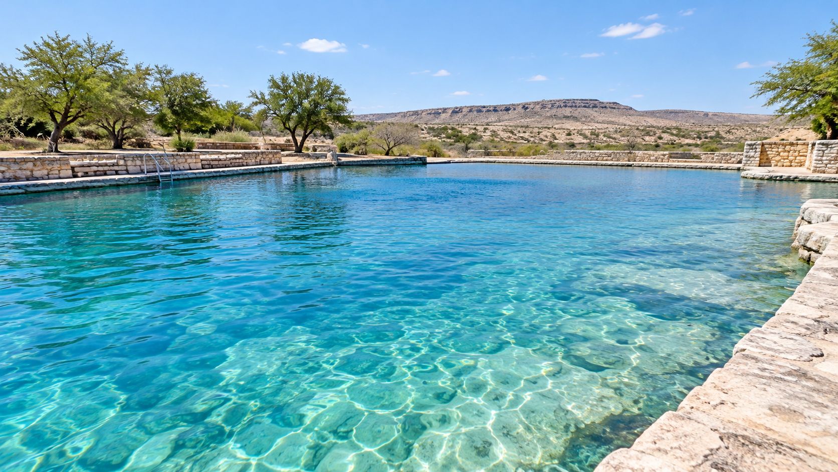 A crystal-clear, turquoise natural swimming pool surrounded by stone walls and trees under a bright blue sky.