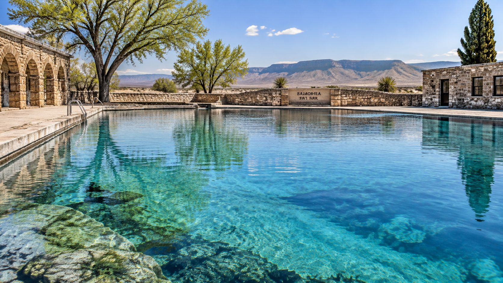 The clear turquoise waters of Balmorhea State Park swimming pool surrounded by stone walls and desert mountains.