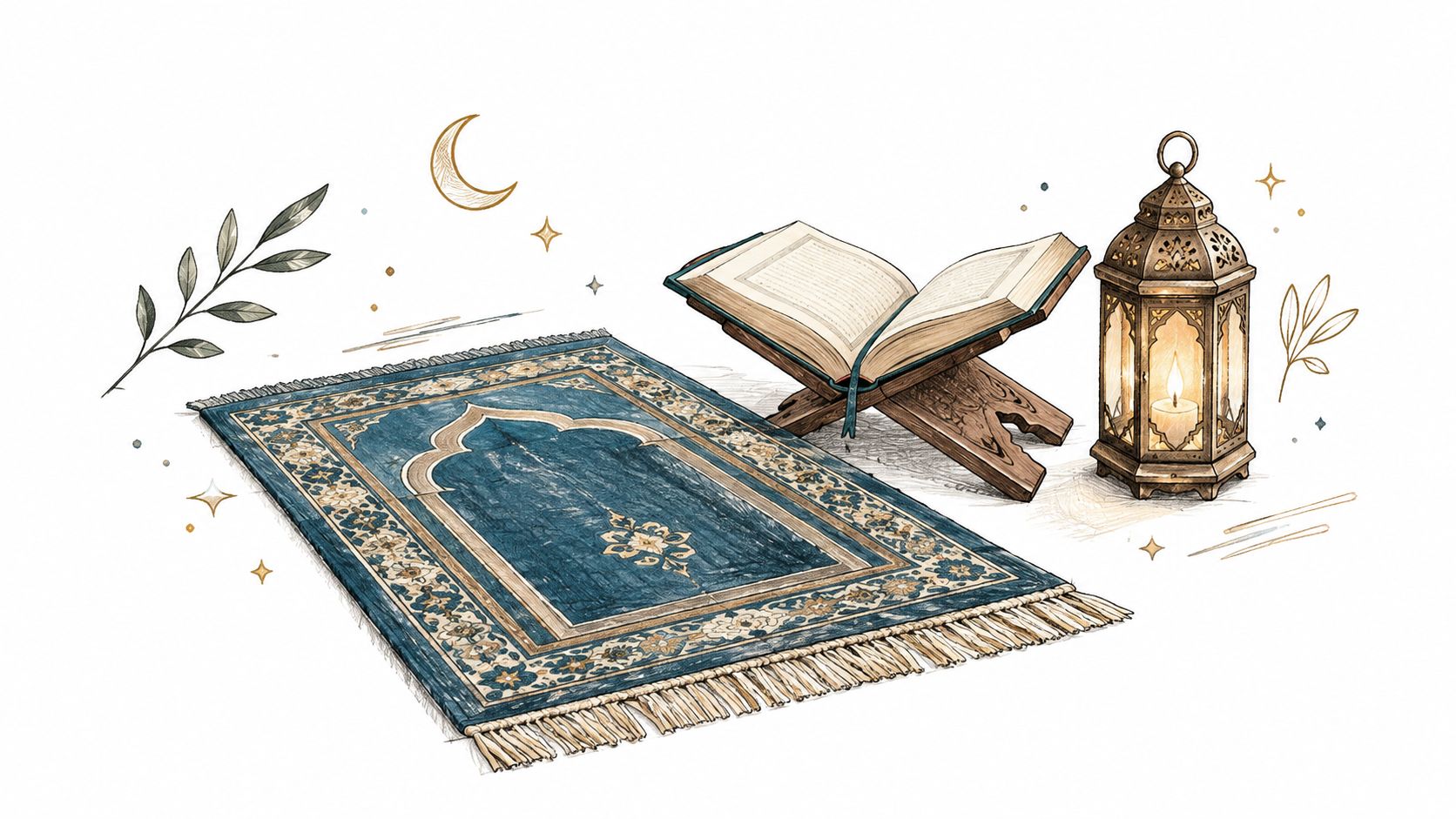 An artistic illustration featuring a blue prayer mat, an open Quran on a wooden stand, and a lantern.