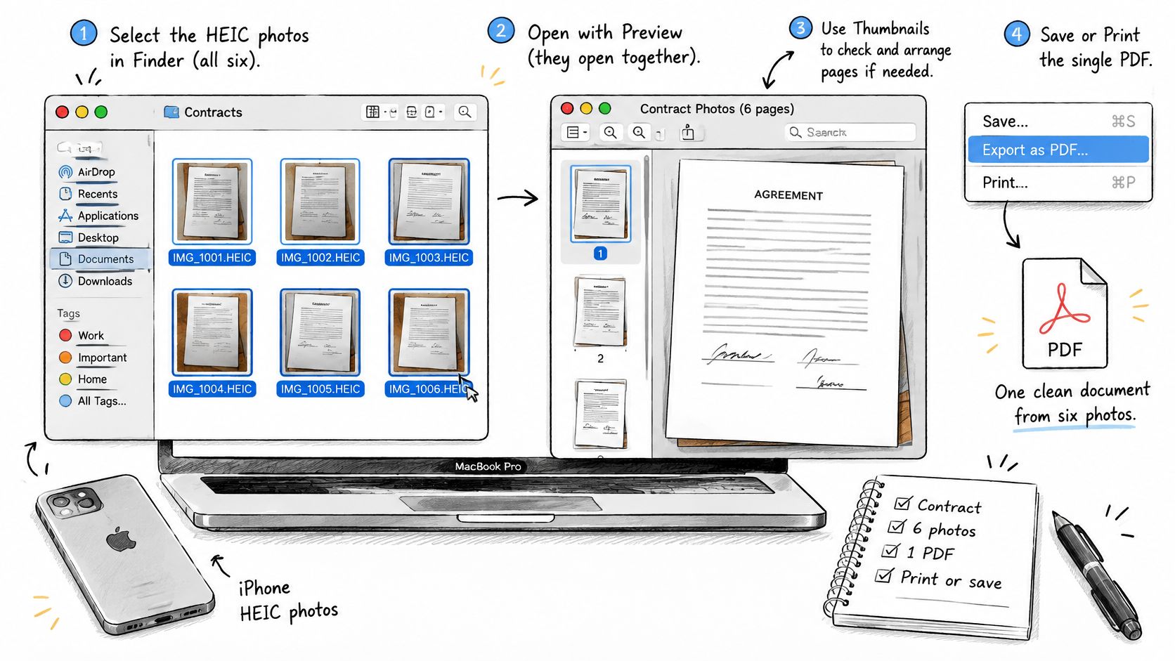 A step-by-step instructional illustration showing how to convert multiple HEIC photos into a single PDF on a Mac.