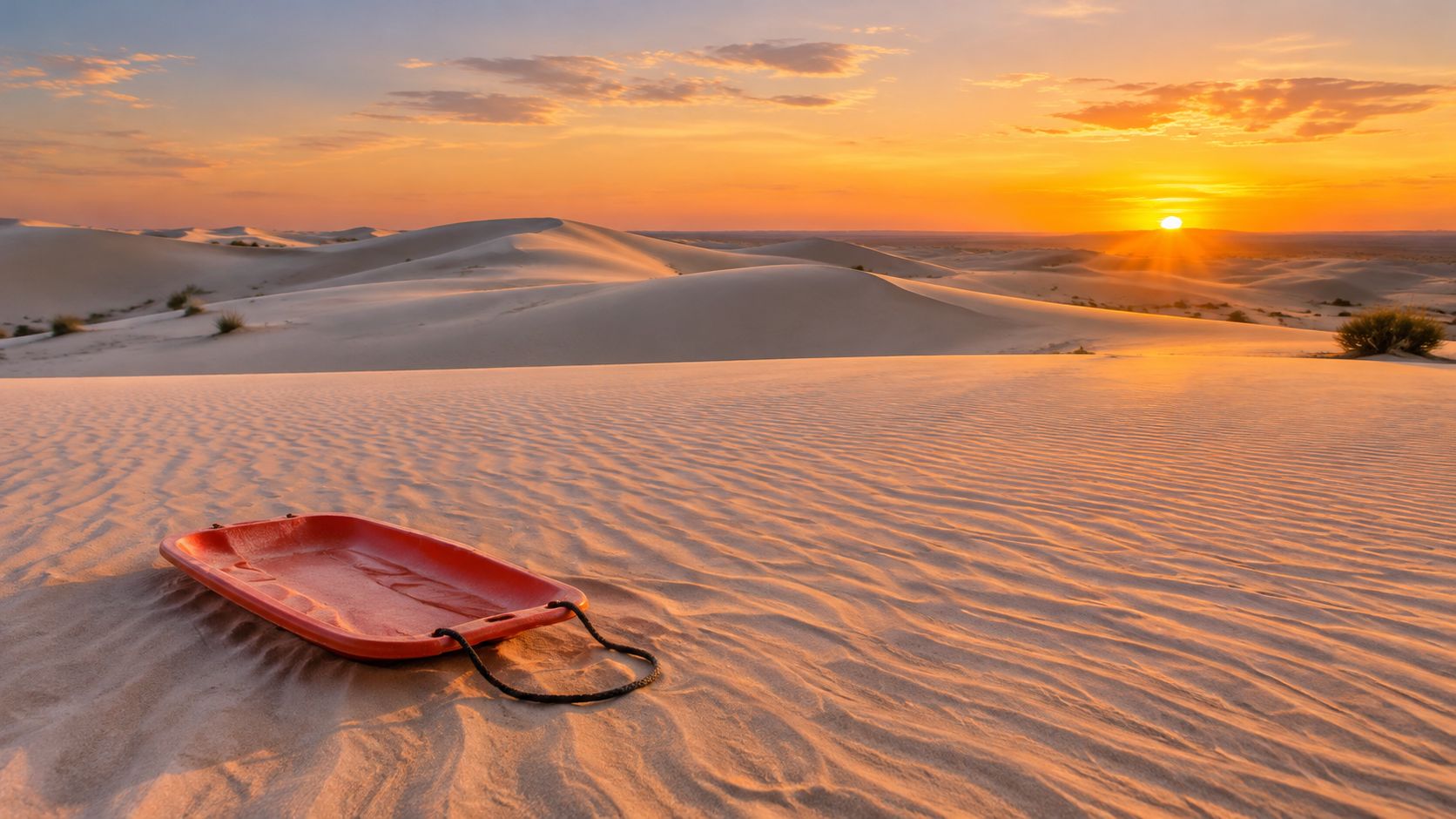 A red plastic sand sled sits on the undulating dunes of Monahans Sandhills State Park at sunset.