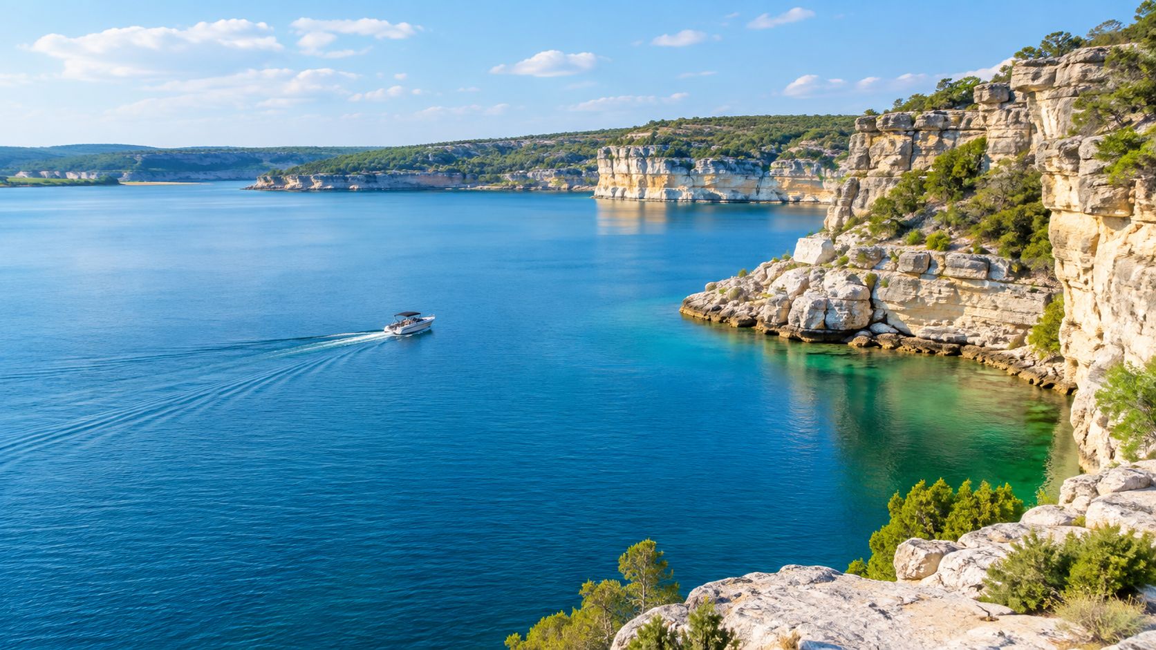 A scenic view of a boat sailing on a clear blue lake surrounded by rocky cliffs in Texas.