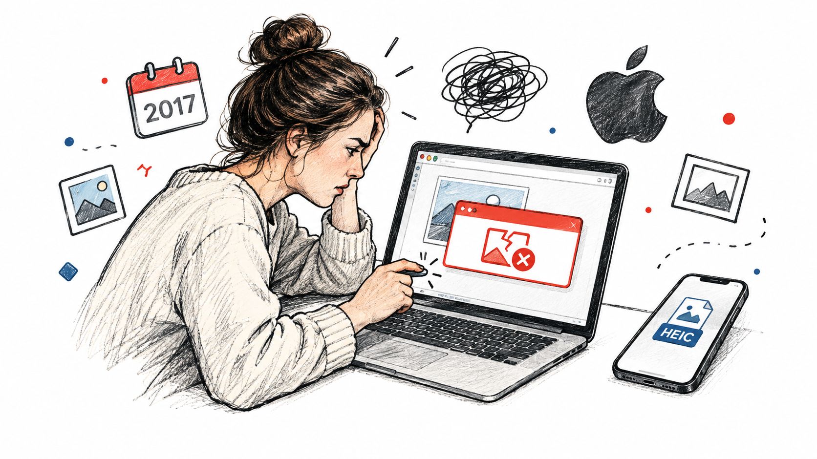 A frustrated young woman looking at a broken image file error on her laptop screen.