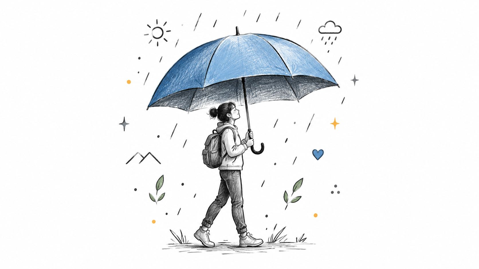 A sketched illustration of a person walking under a large blue umbrella during a light rain shower.