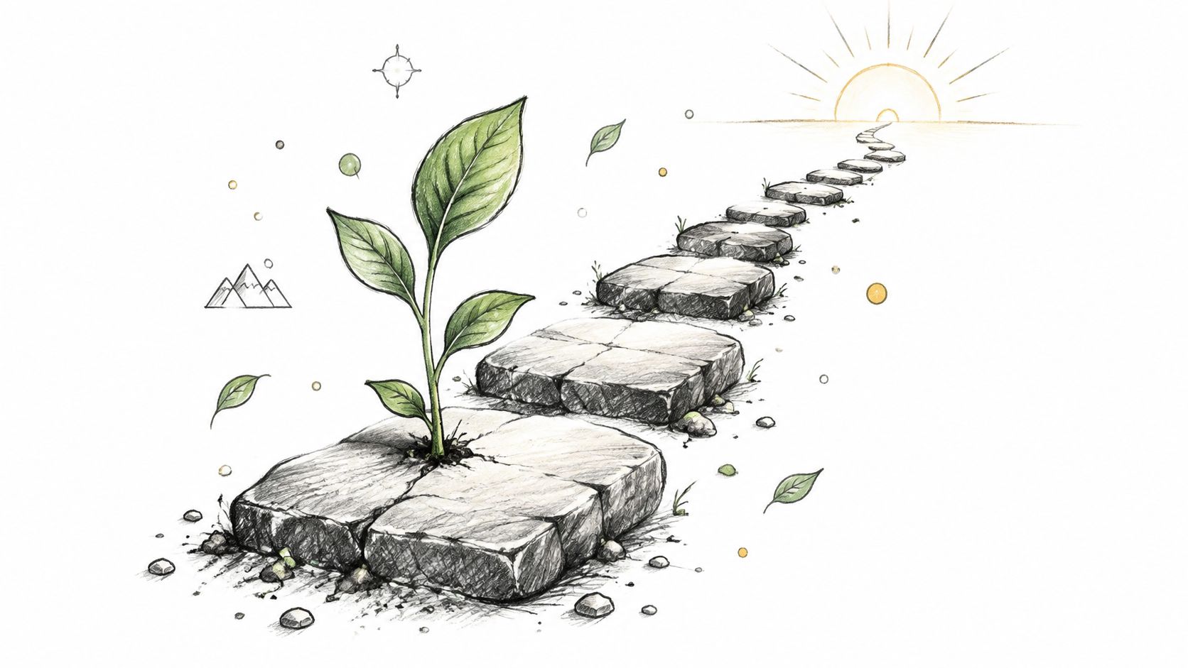 A small green plant growing through stone pavers on a path leading toward a rising sun.