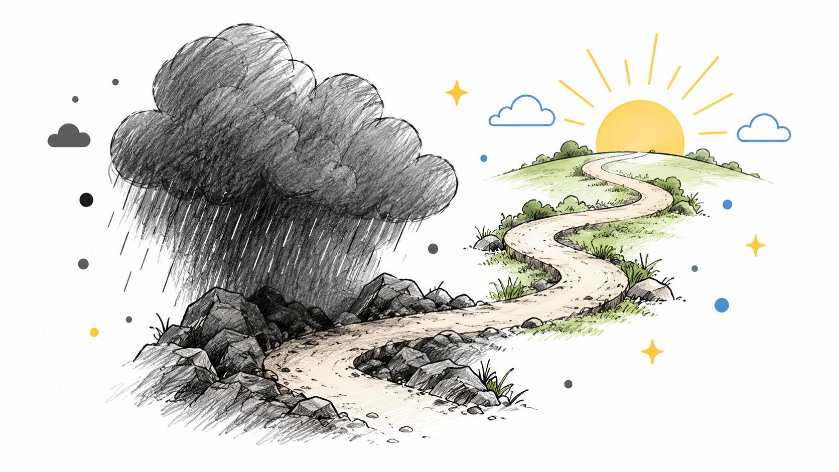 A conceptual illustration of a winding path transitioning from a stormy area to a sunny landscape.