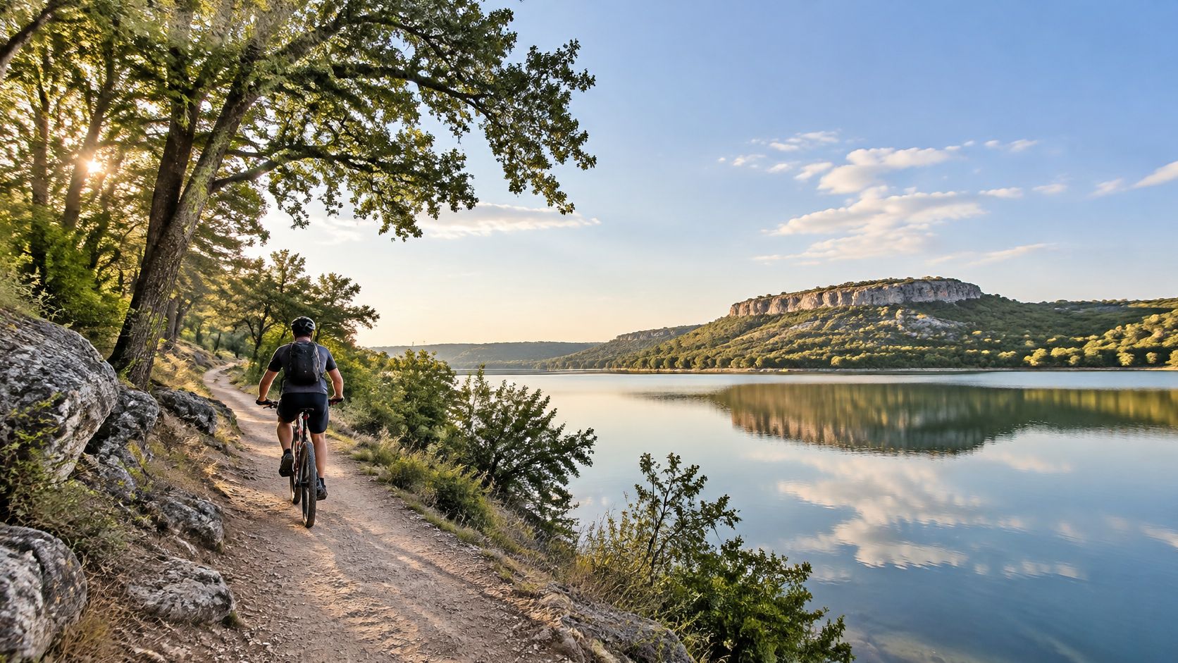 A cyclist rides a mountain bike along a scenic dirt path beside a tranquil lake at sunset.