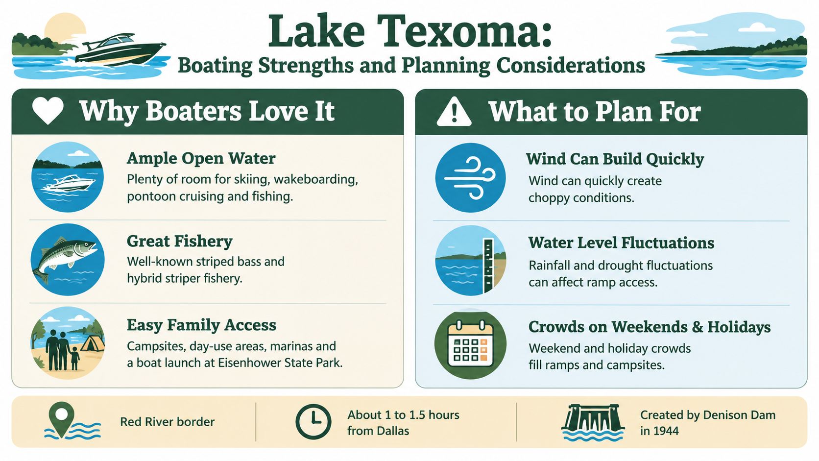 An infographic titled Lake Texoma highlighting boating benefits and planning tips for visitors at this Texas lake.