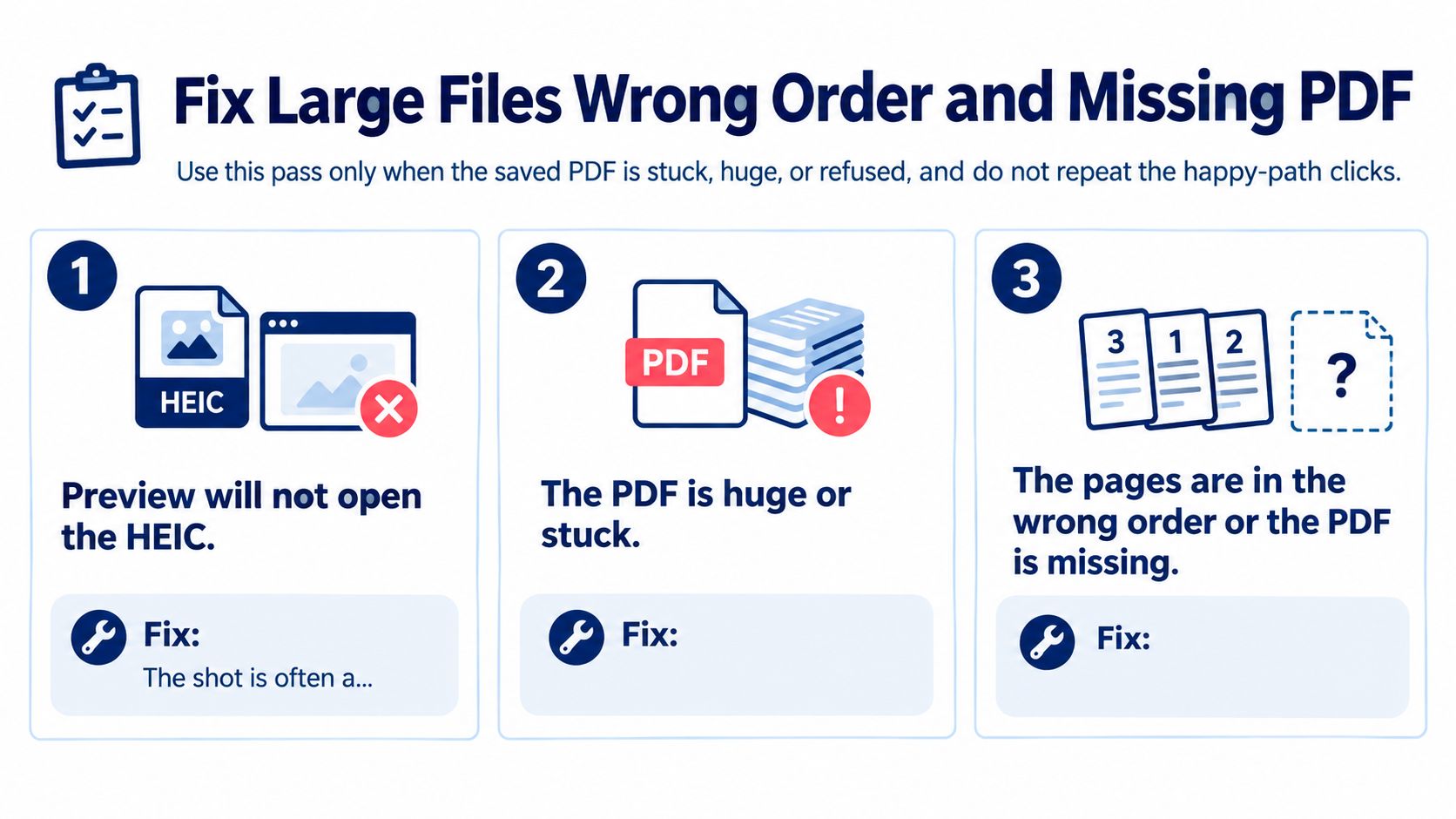 A troubleshooting guide with three numbered steps for fixing issues with HEIC file conversion and PDF generation.