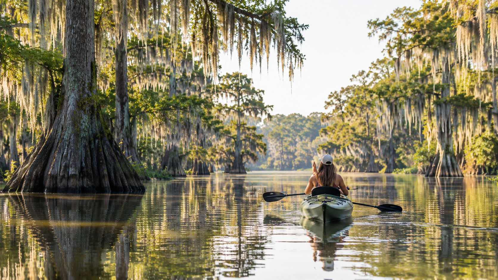 A woman kayaking through the peaceful, scenic waters of a bayou filled with Spanish moss-draped cypress trees.