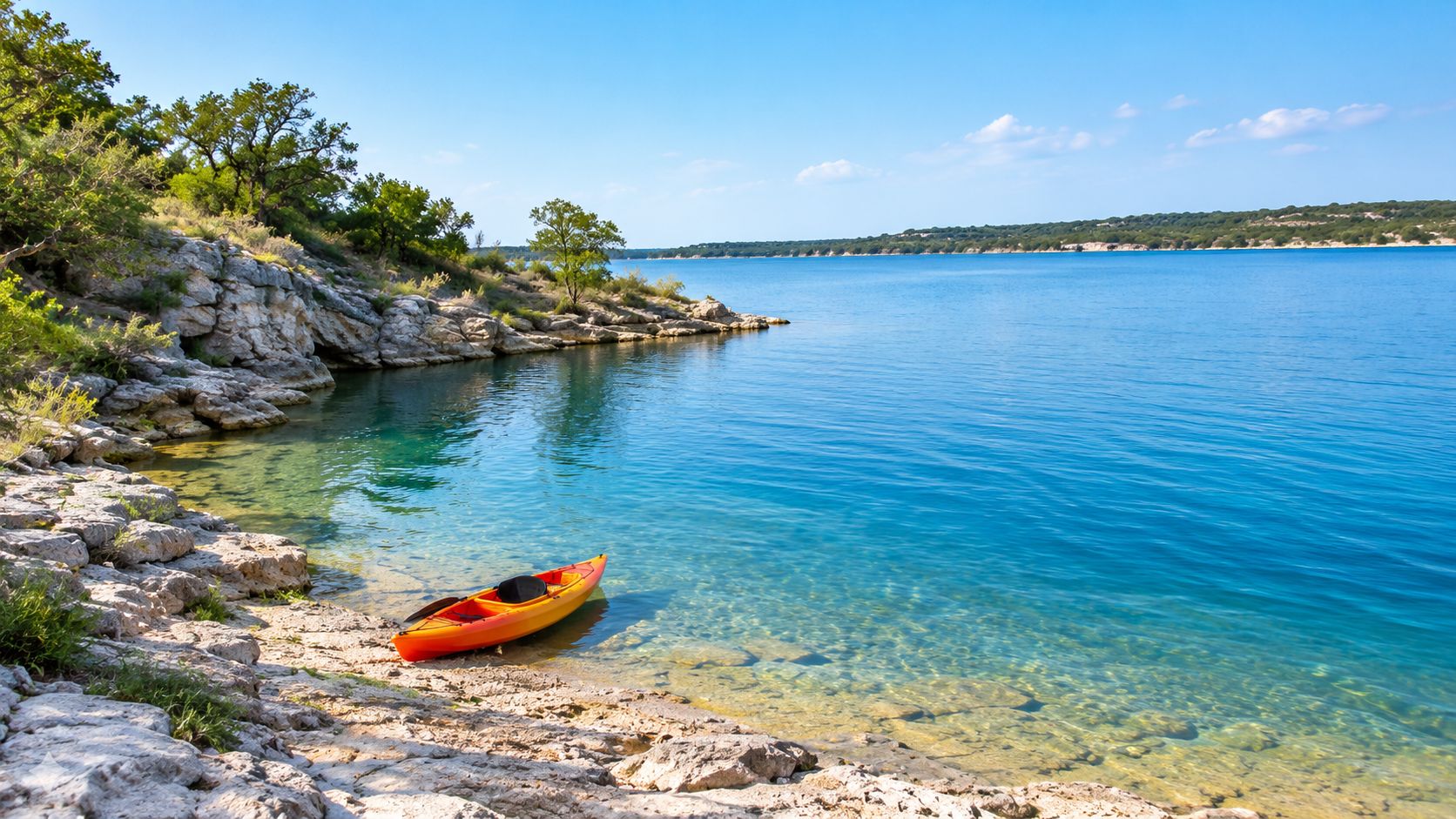 A bright orange kayak rests on a rocky shore beside a clear, blue lake under a sunny sky.