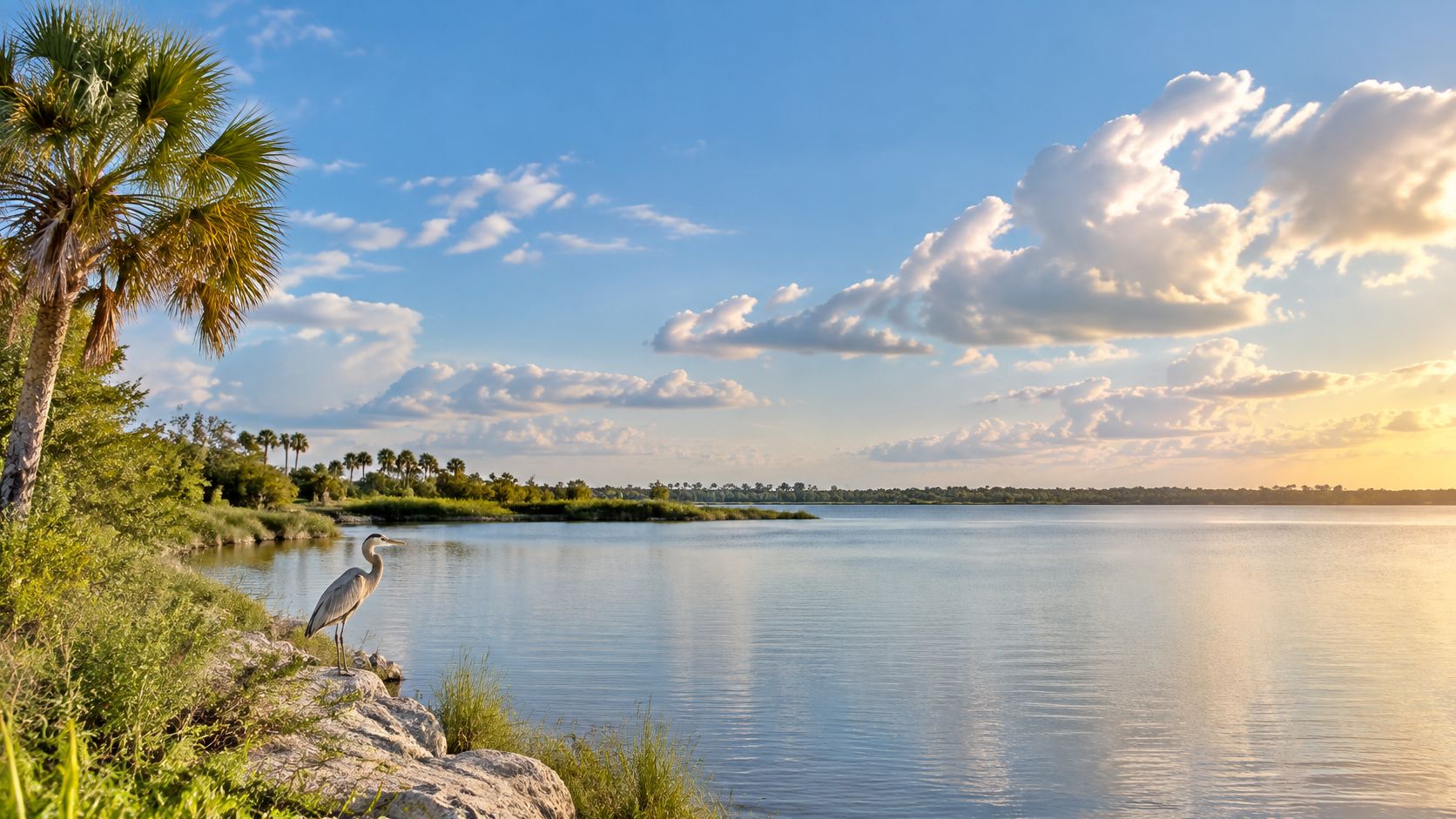 A great blue heron standing on rocky shoreline overlooking a calm lake under a sunny sky.