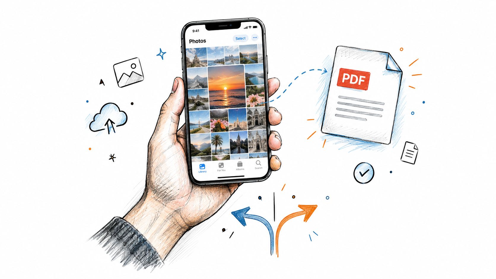 A hand holding an iPhone displaying a photo gallery being converted into a PDF document file.