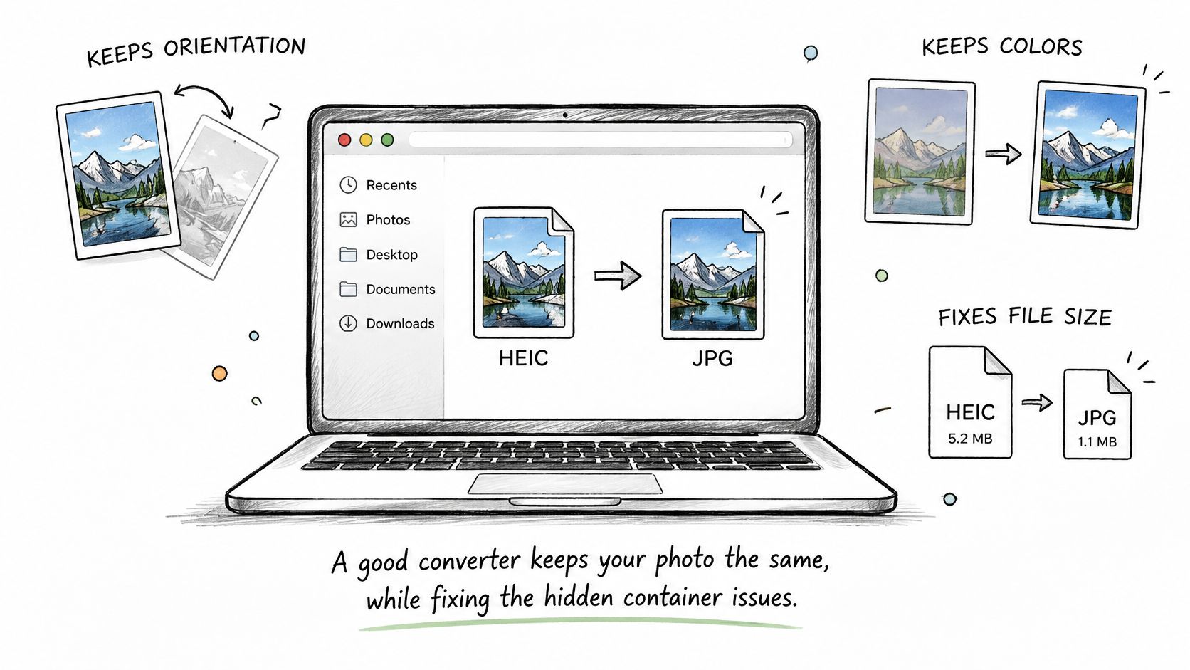 A laptop screen showing the conversion process of an HEIC image file to a JPG image file.