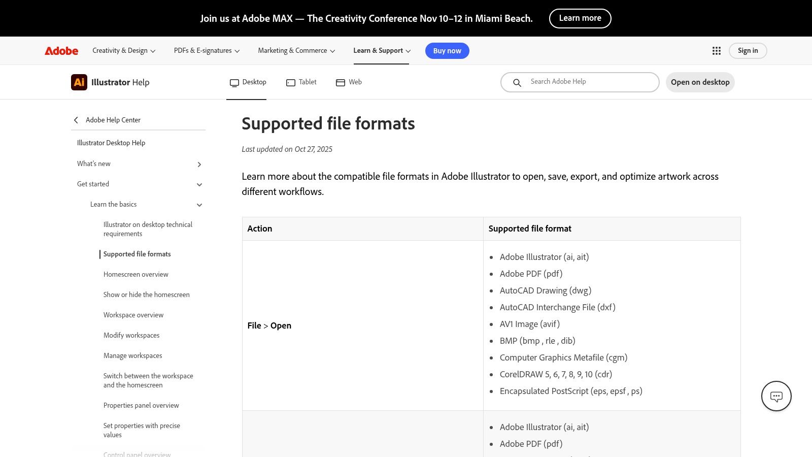 Screenshot from https://helpx.adobe.com/illustrator/desktop/get-started/learn-the-basics/supported-file-formats.html