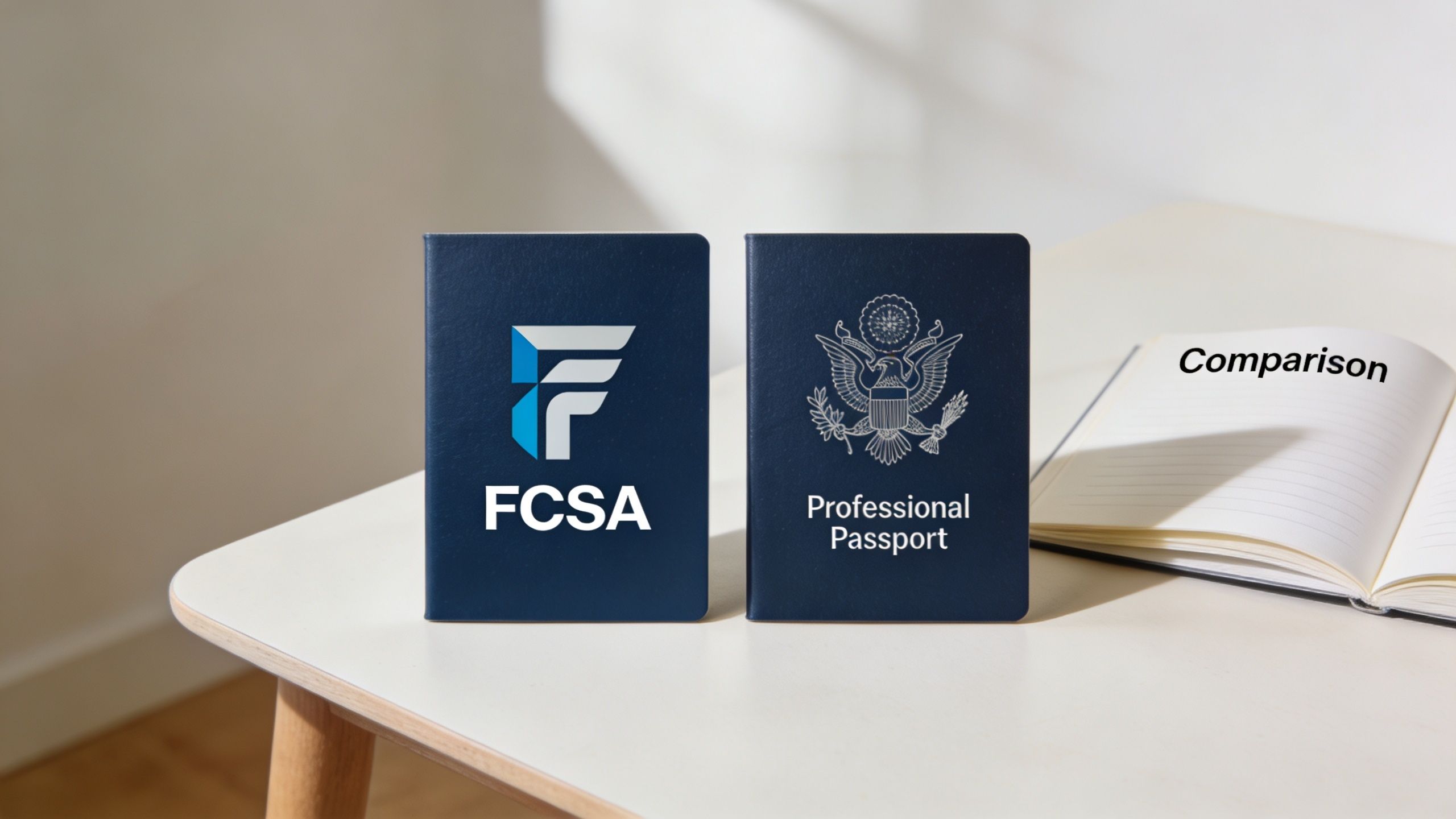 An FCSA passport and a professional US-style passport standing side by side on a desk.