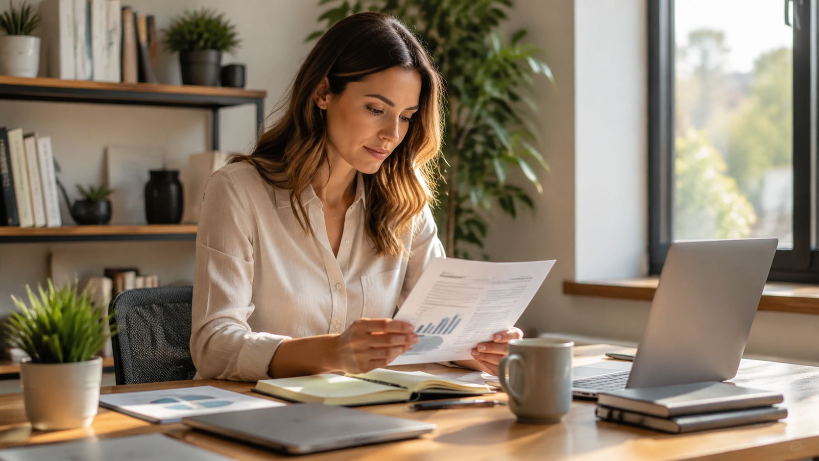 A professional woman reviewing documents while sitting at a modern desk with a laptop.