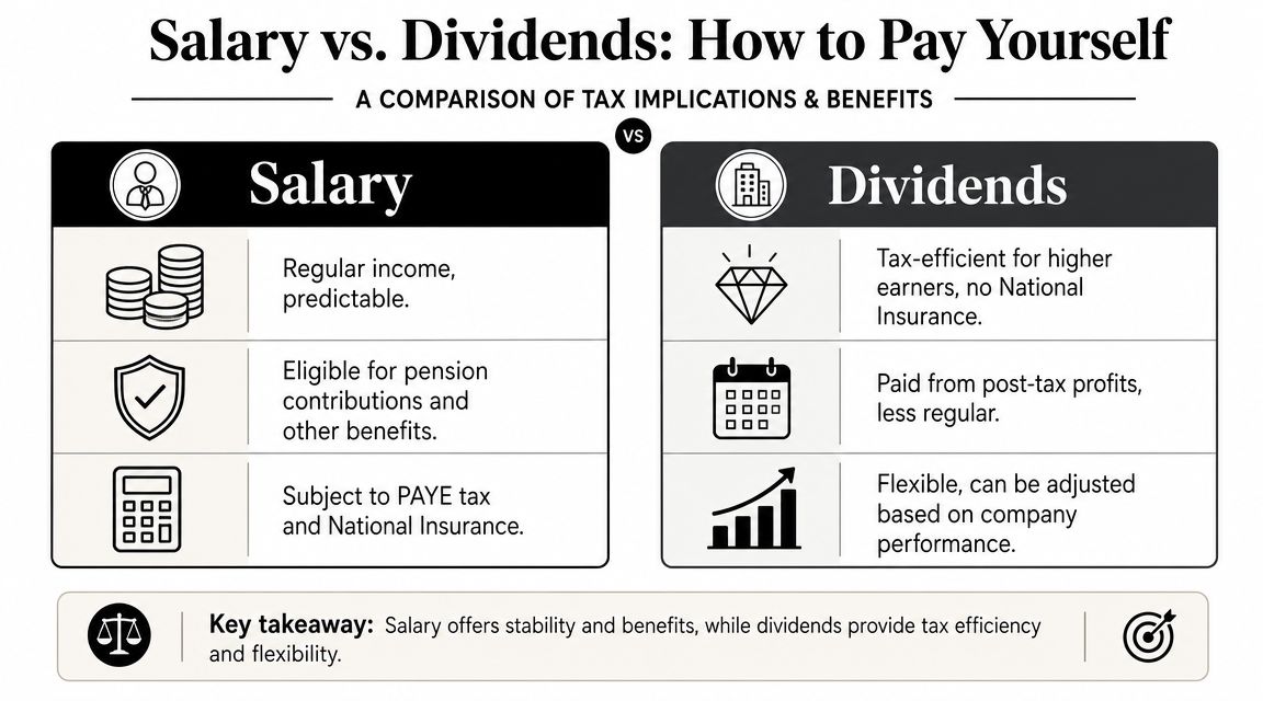 A comparison chart outlining the tax implications and benefits of paying oneself through salary versus company dividends.