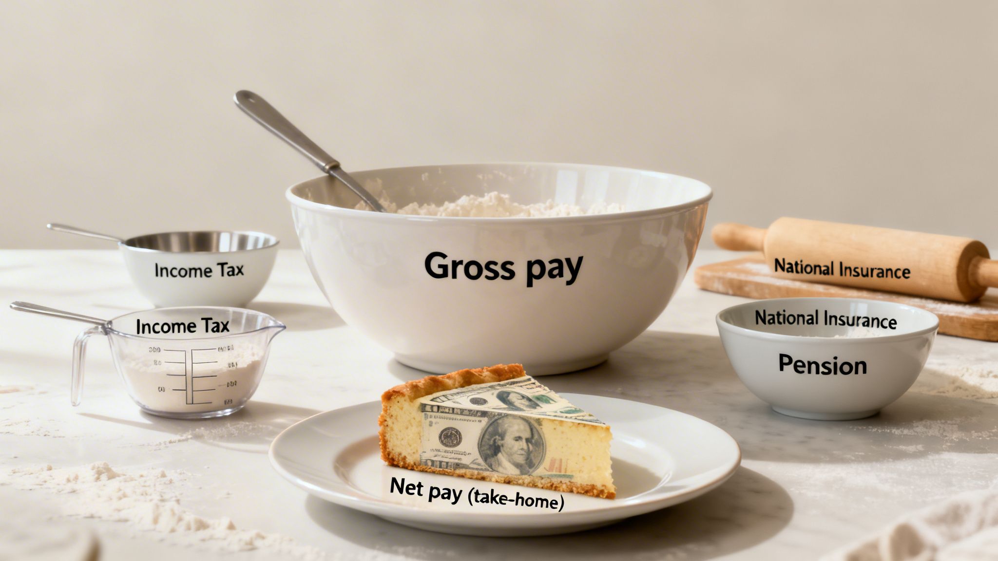 A visual metaphor showing gross pay as flour, with income tax, national insurance, and pension as deductions, resulting in a slice of cake representing net pay.