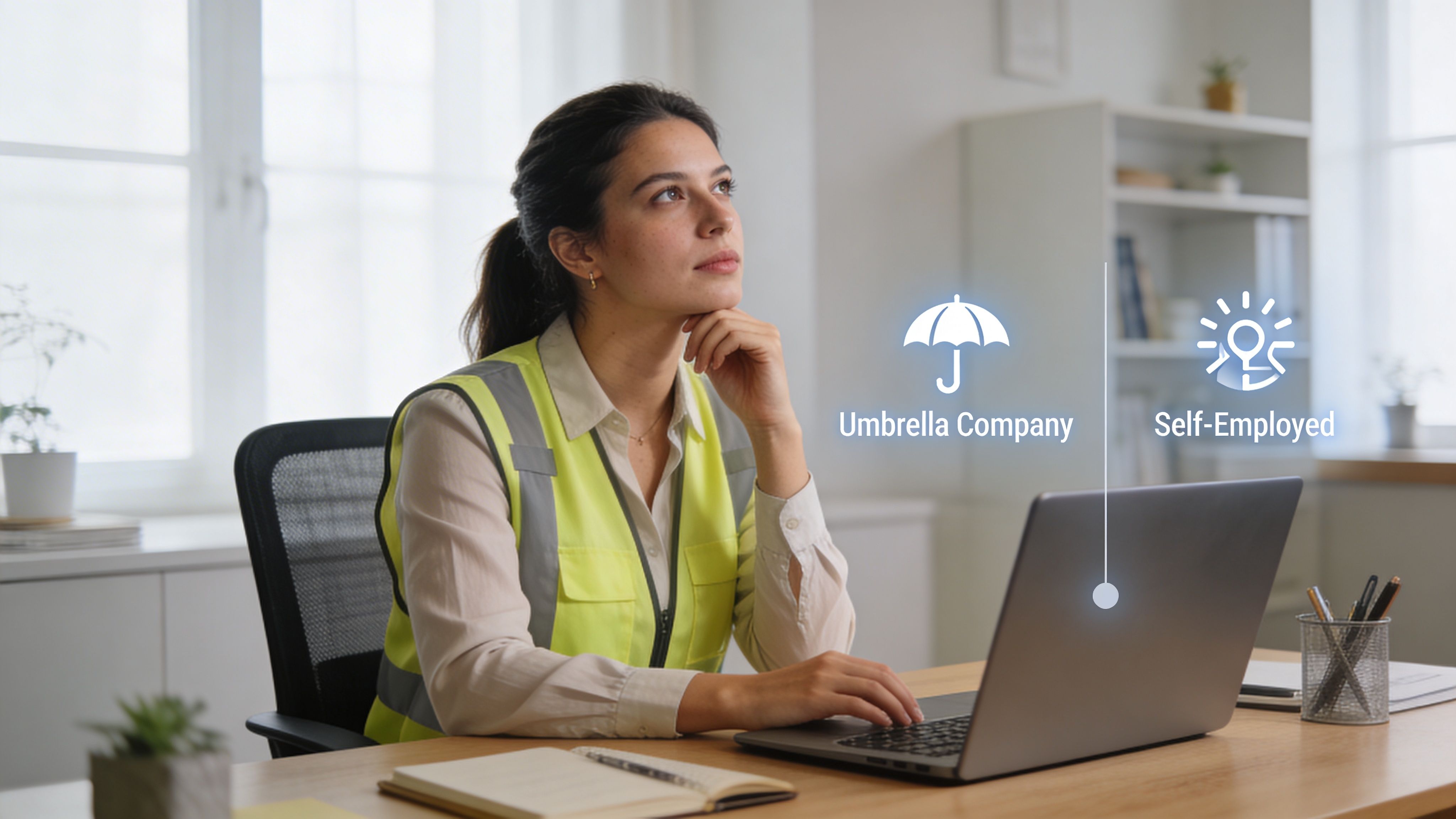 A professional woman in a high-visibility vest contemplating employment options of umbrella company versus self-employed status.