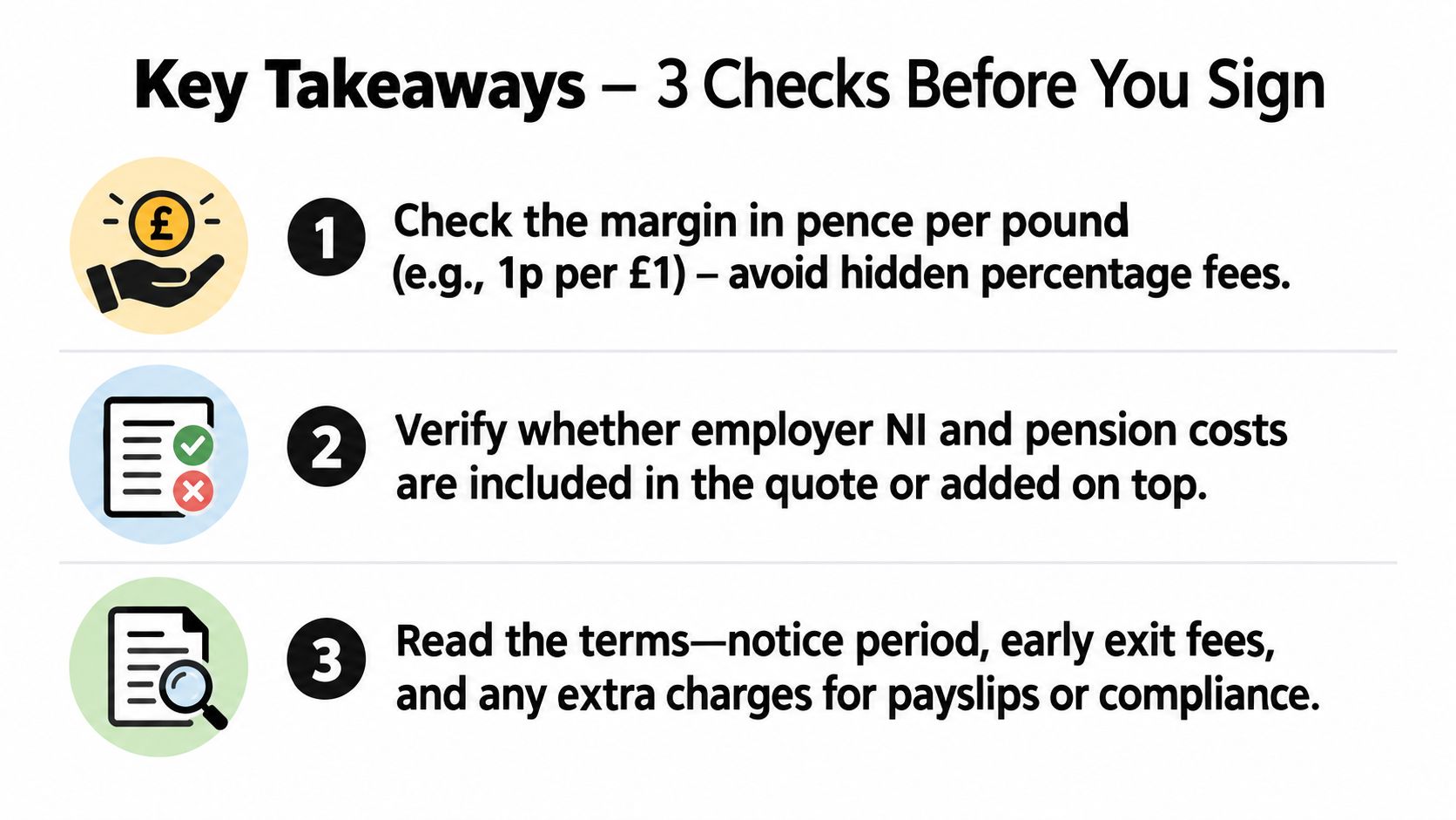 A list of three essential checks to perform before signing an agreement with an umbrella company.