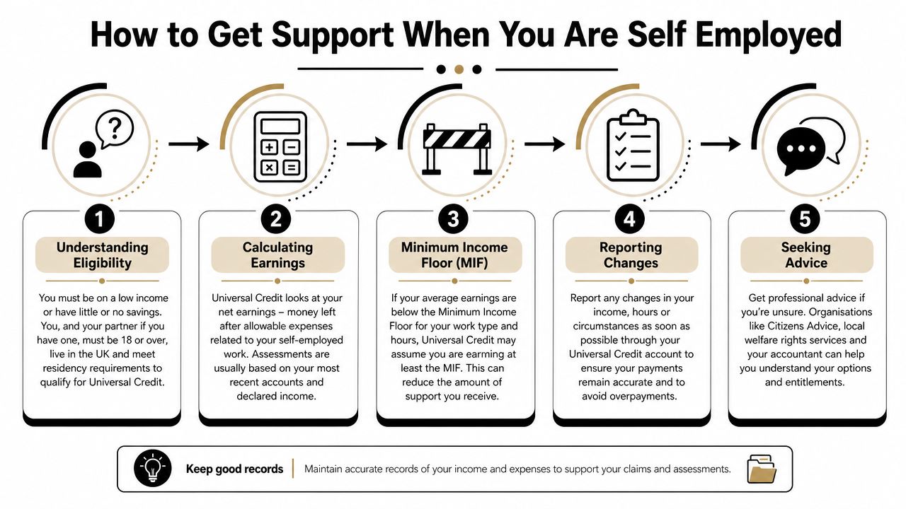 An infographic showing five steps for self-employed individuals to obtain Universal Credit support in the UK.