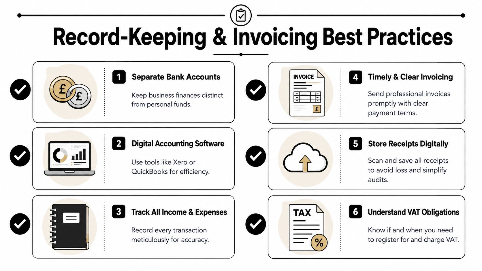 An infographic detailing six essential best practices for business record-keeping and professional invoicing procedures for contractors.