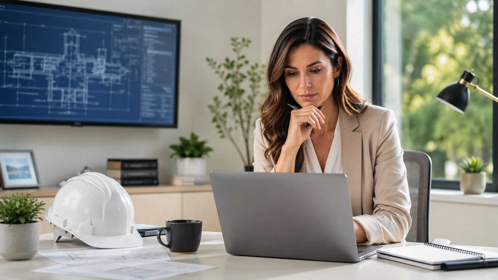 A professional female engineer working on a construction project using a laptop in a modern office.