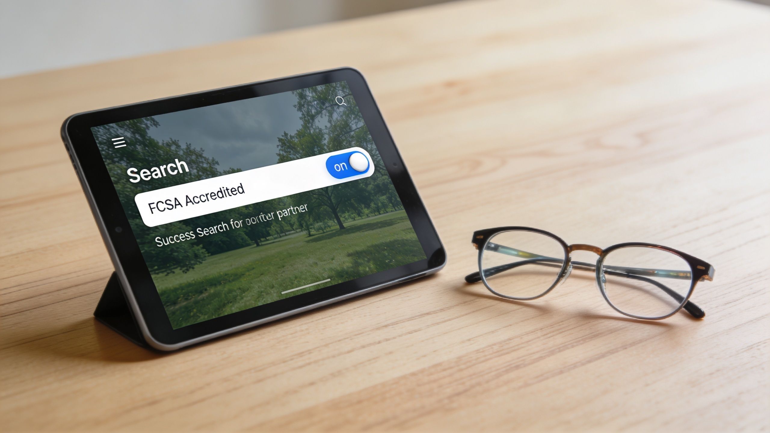 A tablet on a wooden desk displaying an FCSA Accredited search interface next to eyeglasses.