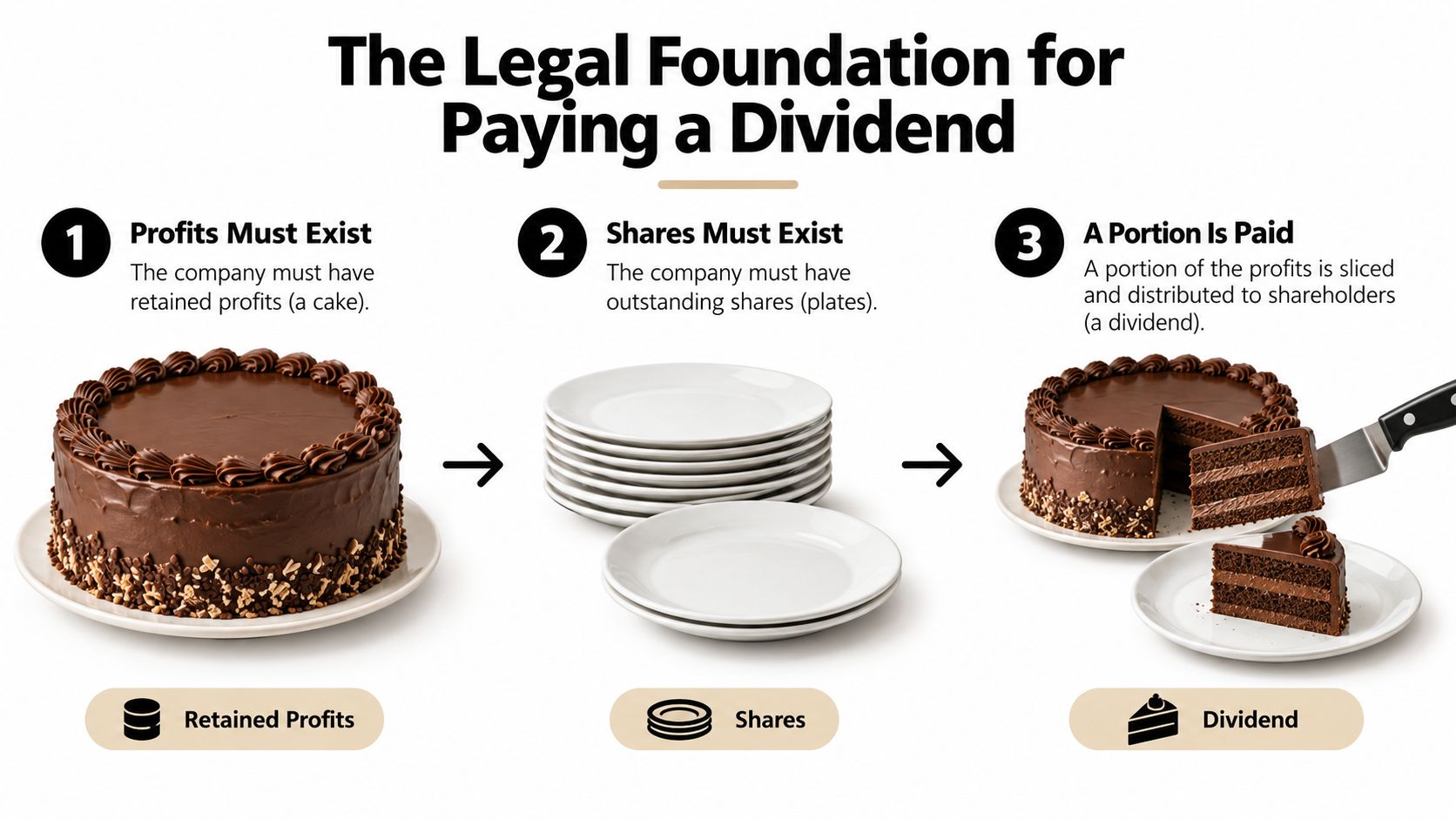 A visual guide illustrating the three legal steps for a company to pay a dividend using cake metaphors.